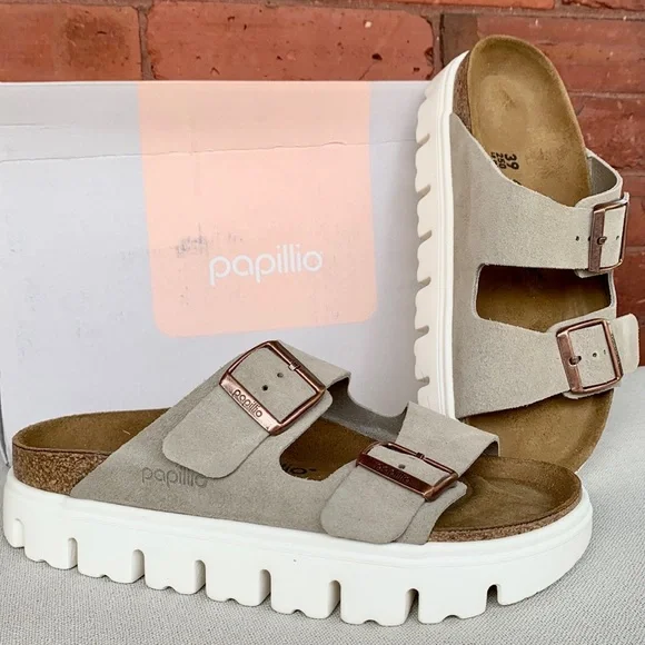 BIRKENSTOCK PAPILLIO Arizona Taupe Tan Suede Leather Chunky Platform Sandals - Picture 3 of 12